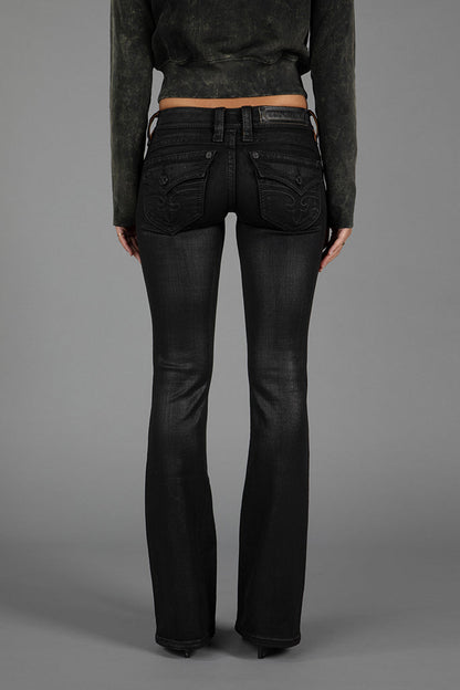 Gwen Black Super Low-Rise Bootcut Jeans in Black Coating
