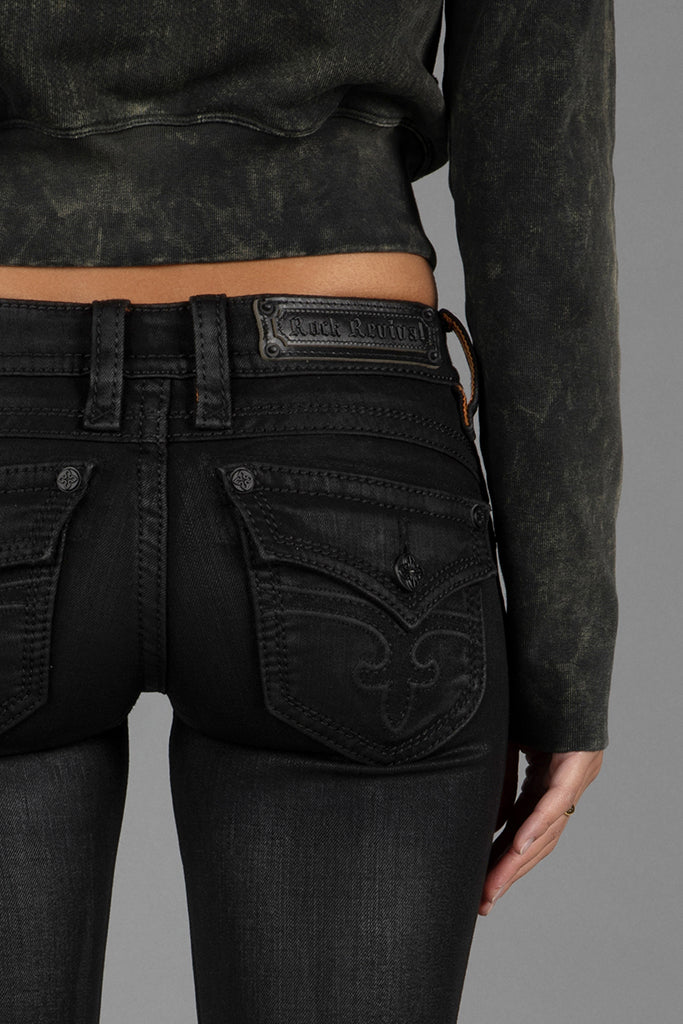 Gwen Black Super Low-Rise Bootcut Jeans in Black Coating