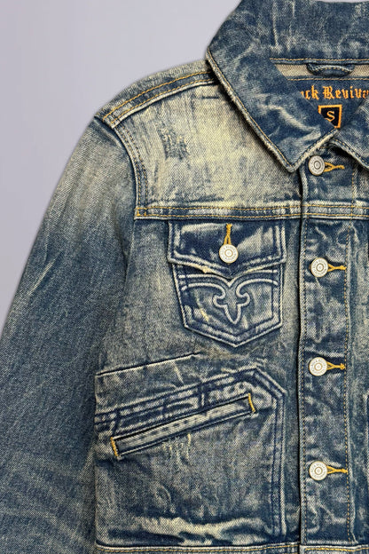 Gwen Cropped Fitted Denim Jacket in Faded Marble
