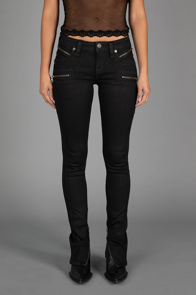 Camille Low-Rise Moto Skinny in Black Coating