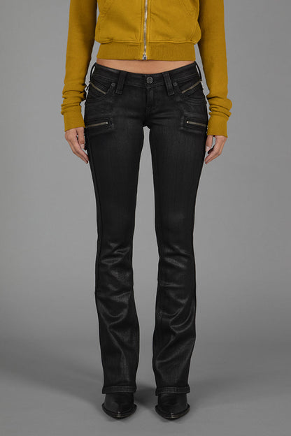 Kamil Super Low-Rise Moto Bootcut Jeans in Black/Coating