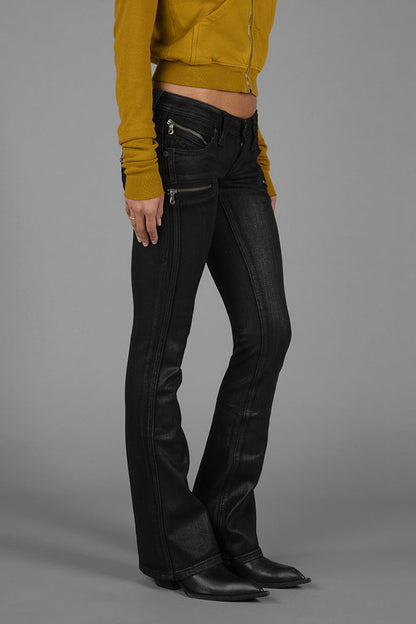 Kamil Super Low-Rise Moto Bootcut Jeans in Black/Coating