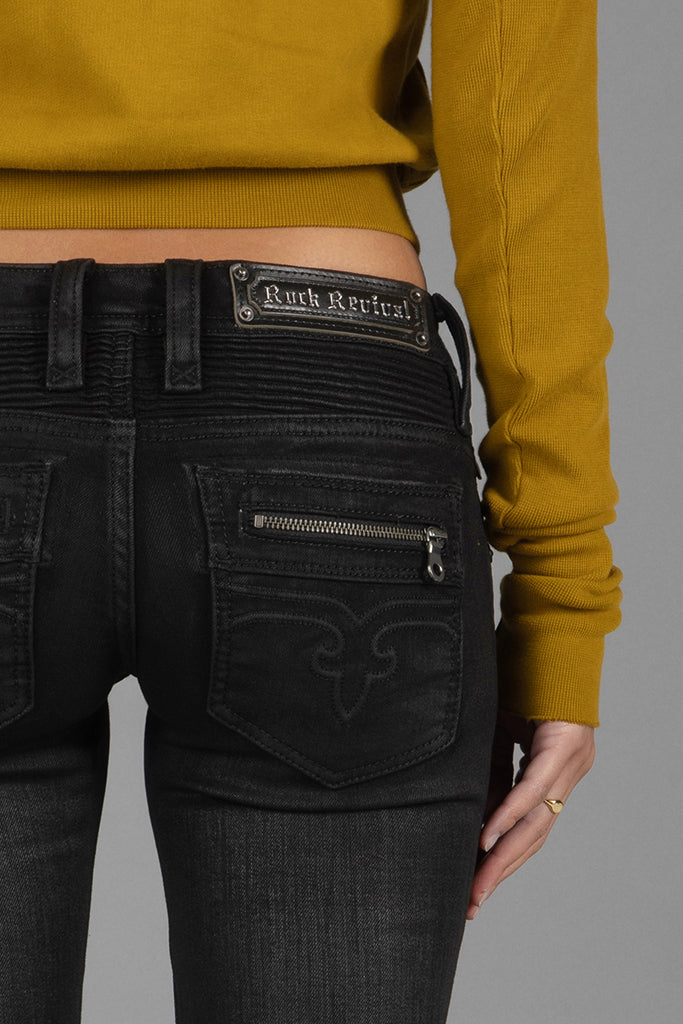 Kamil Super Low-Rise Moto Bootcut Jeans in Black/Coating