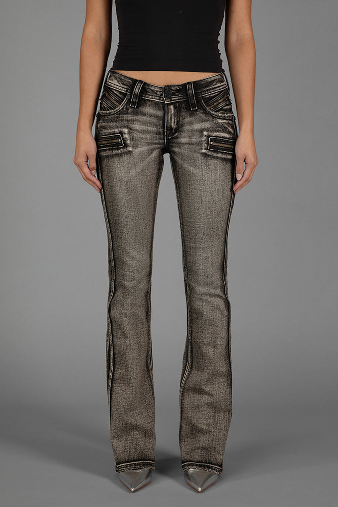 Kamil Super Low-Rise Moto Bootcut Jeans in Gray