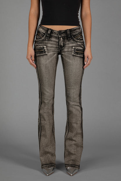 Kamil Super Low-Rise Moto Bootcut Jeans in Gray