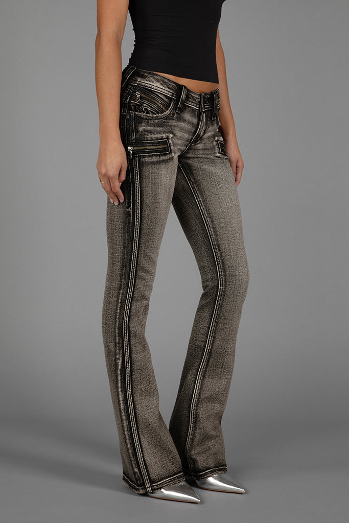 Kamil Super Low-Rise Moto Bootcut Jeans in Gray
