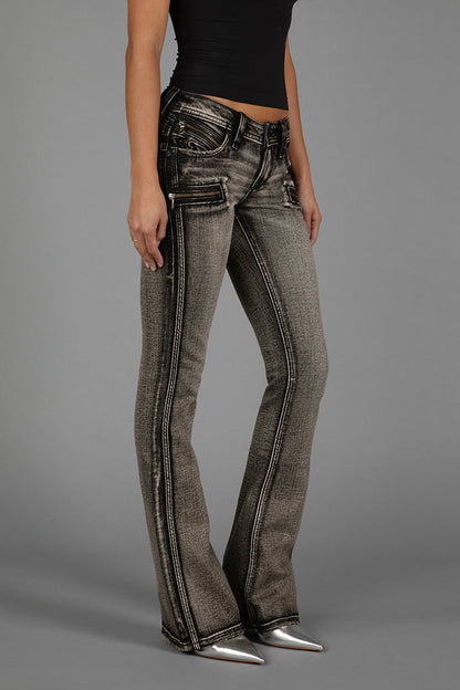 Kamil Super Low-Rise Moto Bootcut Jeans in Gray