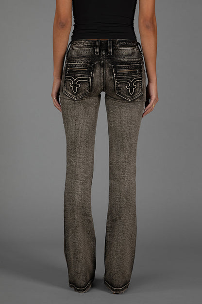 Kamil Super Low-Rise Moto Bootcut Jeans in Gray