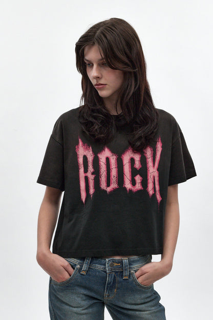 Rock Graphic Boxy Tee in Washed Black