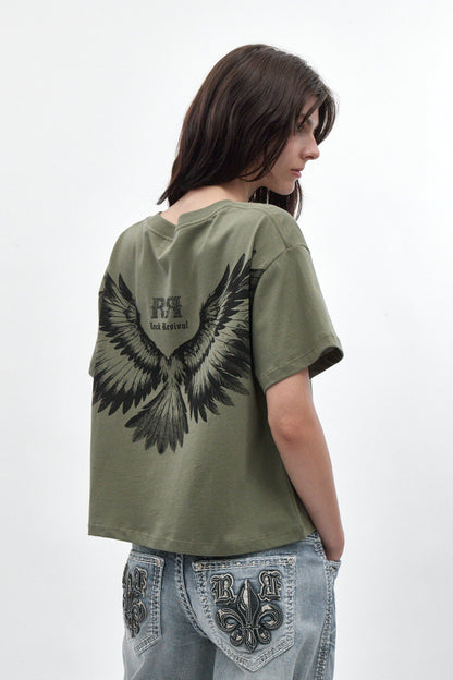 Winged Graphic Boxy Tee in Olive