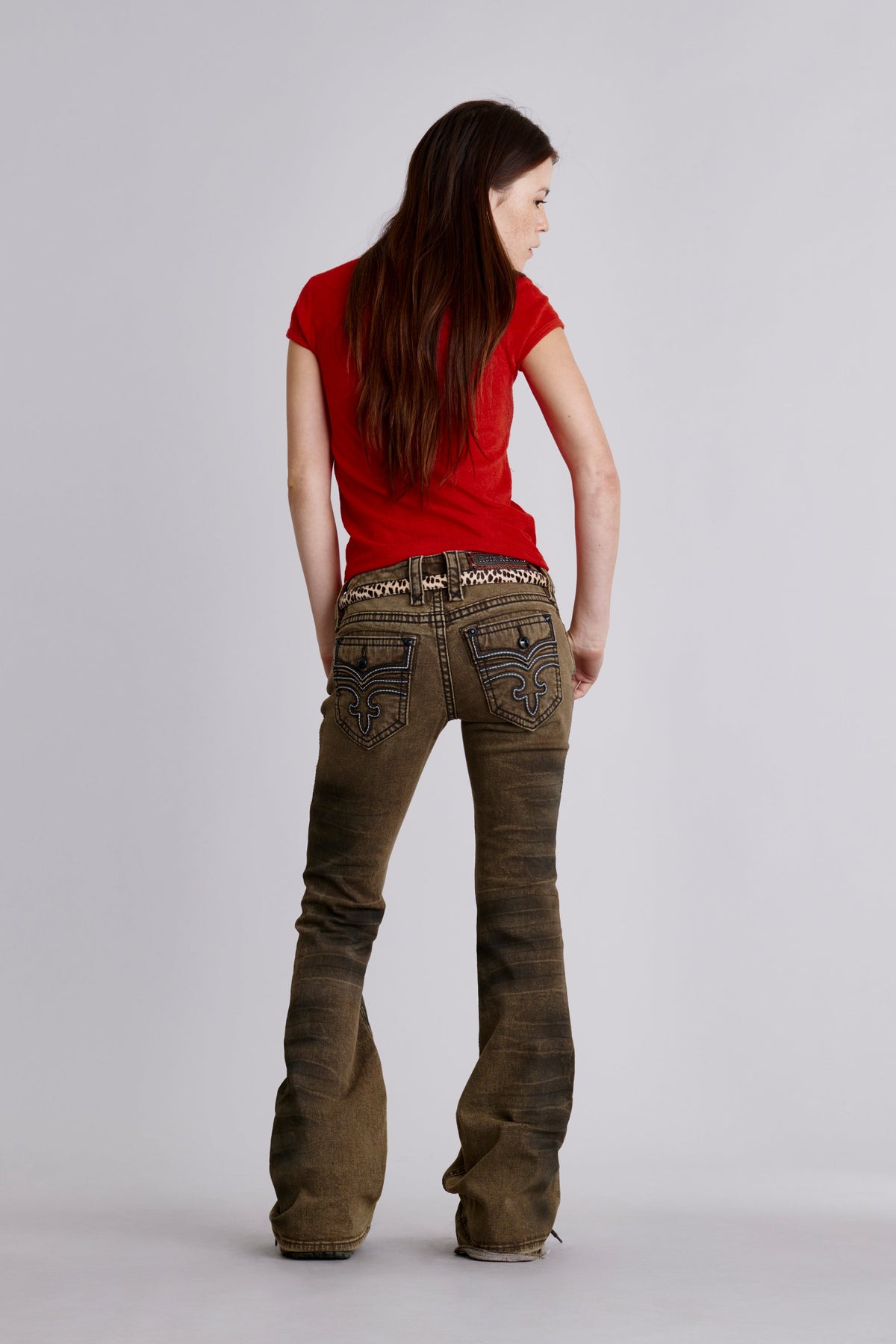 Alivia Super Low-Rise Flare Leg Jeans in Olive