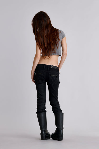 Kamil Super Low-Rise Moto Bootcut Jeans in Black/Coating