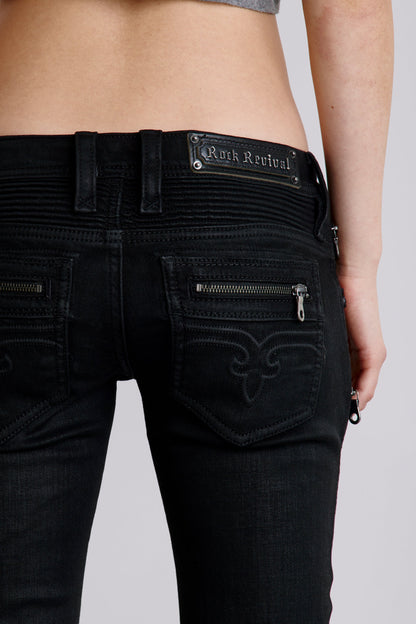 Kamil Super Low-Rise Moto Bootcut Jeans in Black/Coating