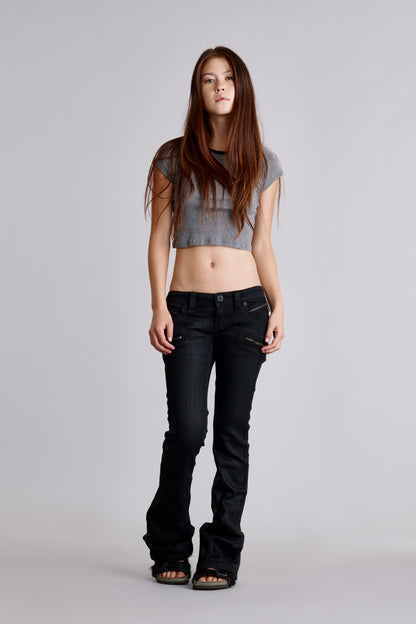 Kamil Super Low-Rise Moto Bootcut Jeans in Black/Coating