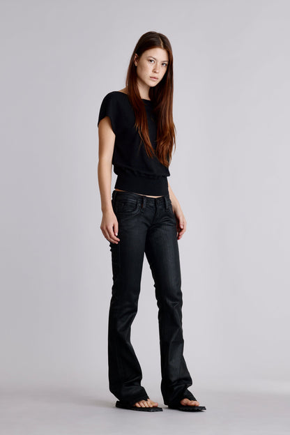 Gwen Black Super Low-Rise Bootcut Jeans in Black Coating