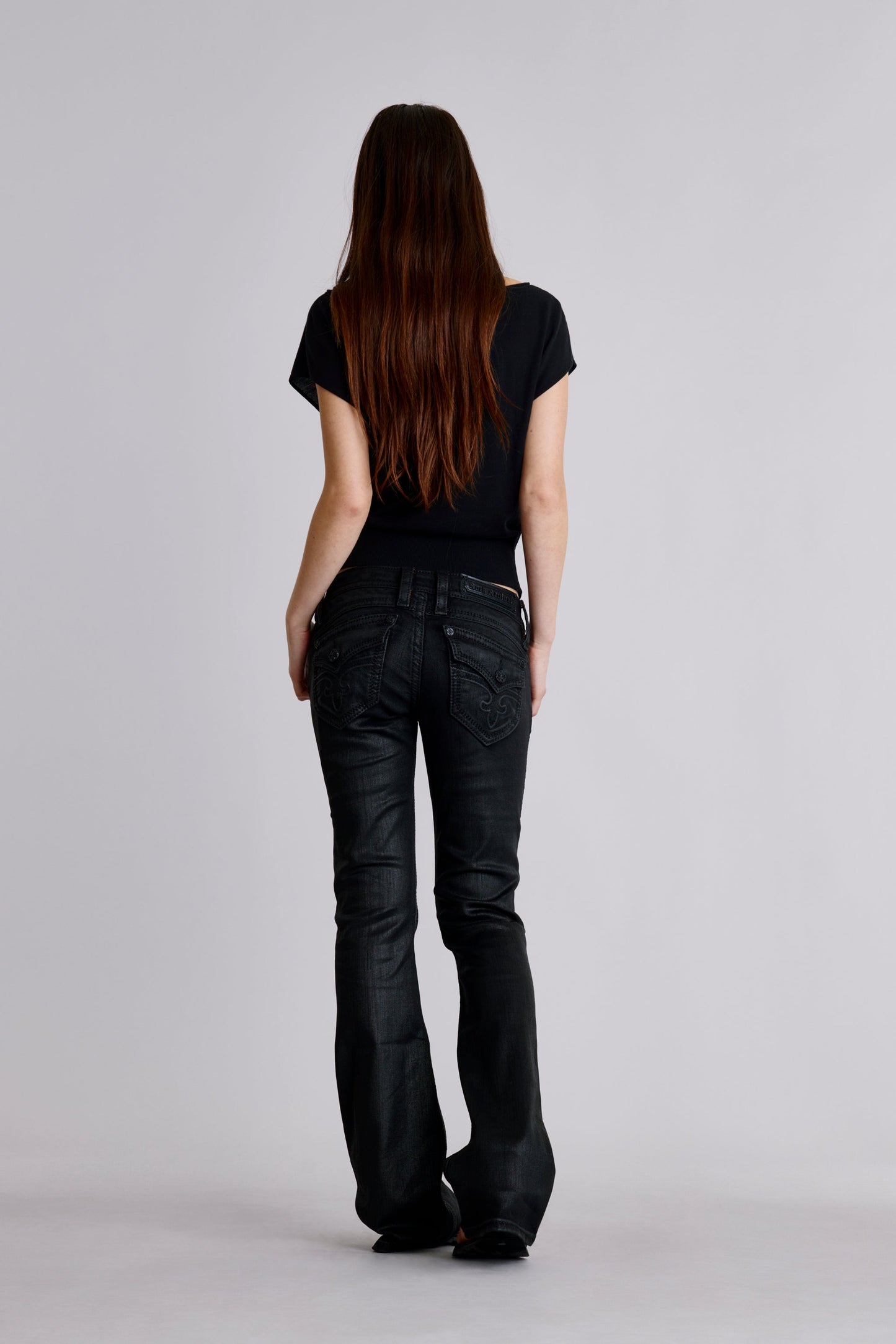 Gwen Black Super Low-Rise Bootcut Jeans in Black Coating