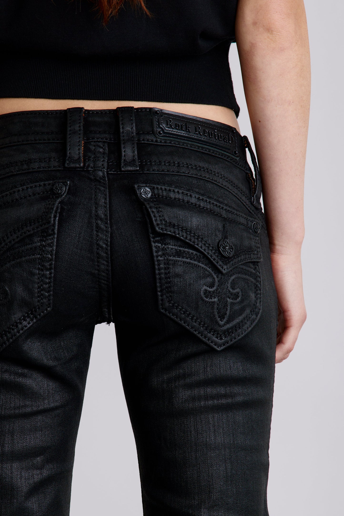 Gwen Black Super Low-Rise Bootcut Jeans in Black Coating