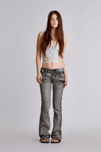 Kamil Super Low-Rise Moto Bootcut Jeans in Gray