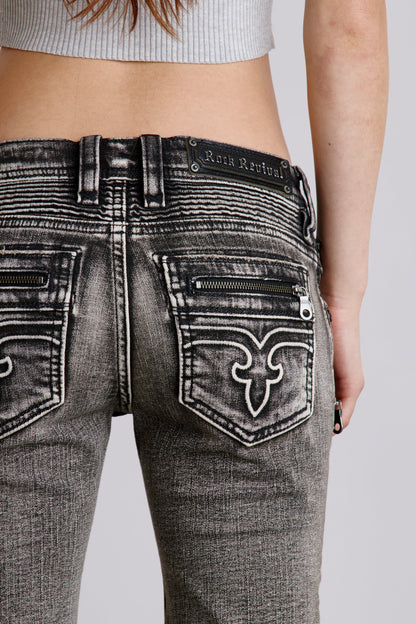 Kamil Super Low-Rise Moto Bootcut Jeans in Gray