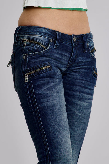 Camille Super Low-Rise Moto Skinny Jeans in Dark Blue