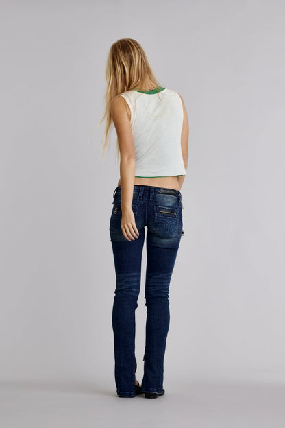Camille Super Low-Rise Moto Skinny Jeans in Dark Blue
