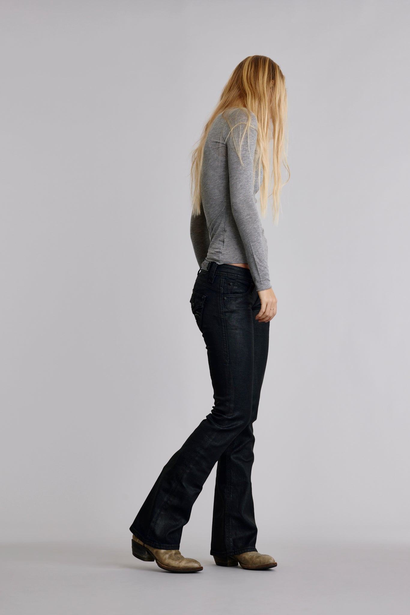 Gwen Indigo Super Low-Rise Bootcut Jeans in Black Coating