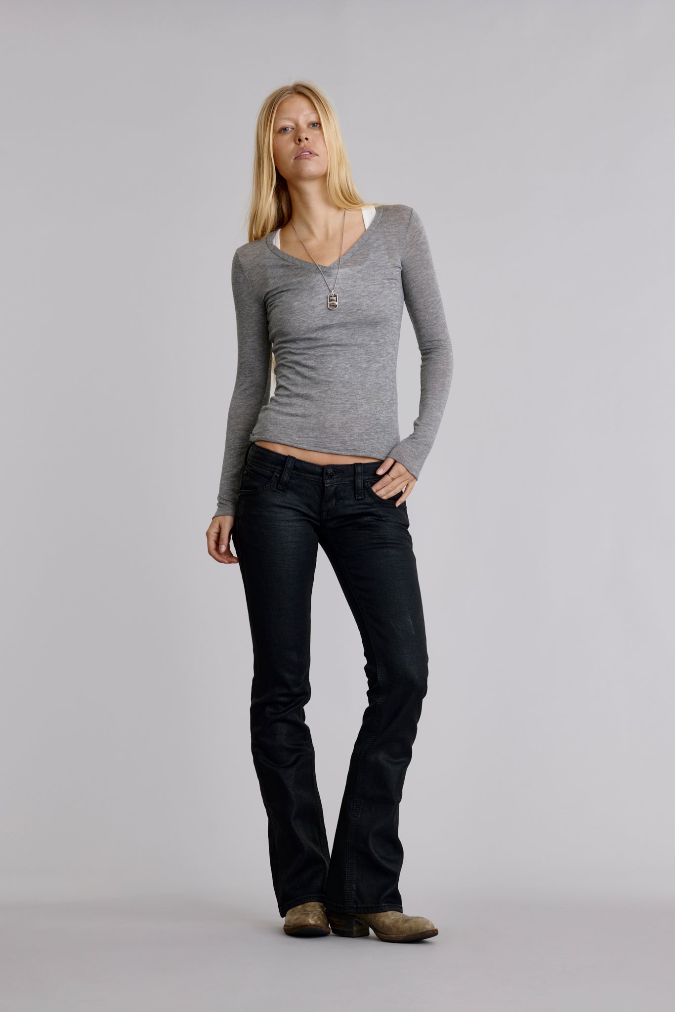 Gwen Indigo Super Low-Rise Bootcut Jeans in Black Coating