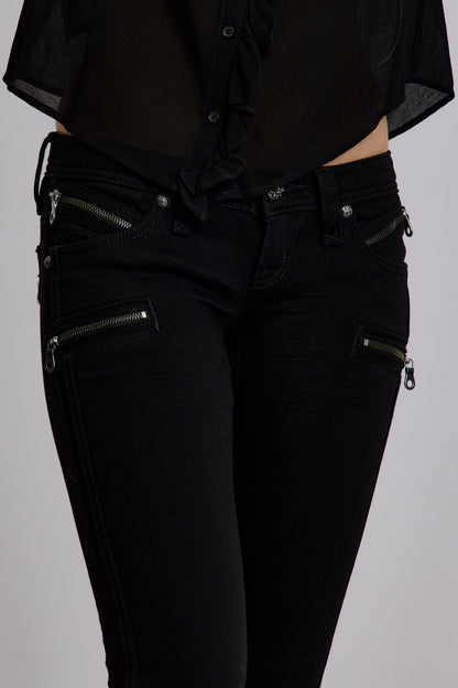 Kamil Super Low-Rise Moto Bootcut Jeans in Black