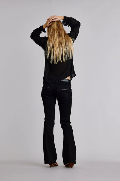 Kamil Super Low-Rise Moto Bootcut Jeans in Black