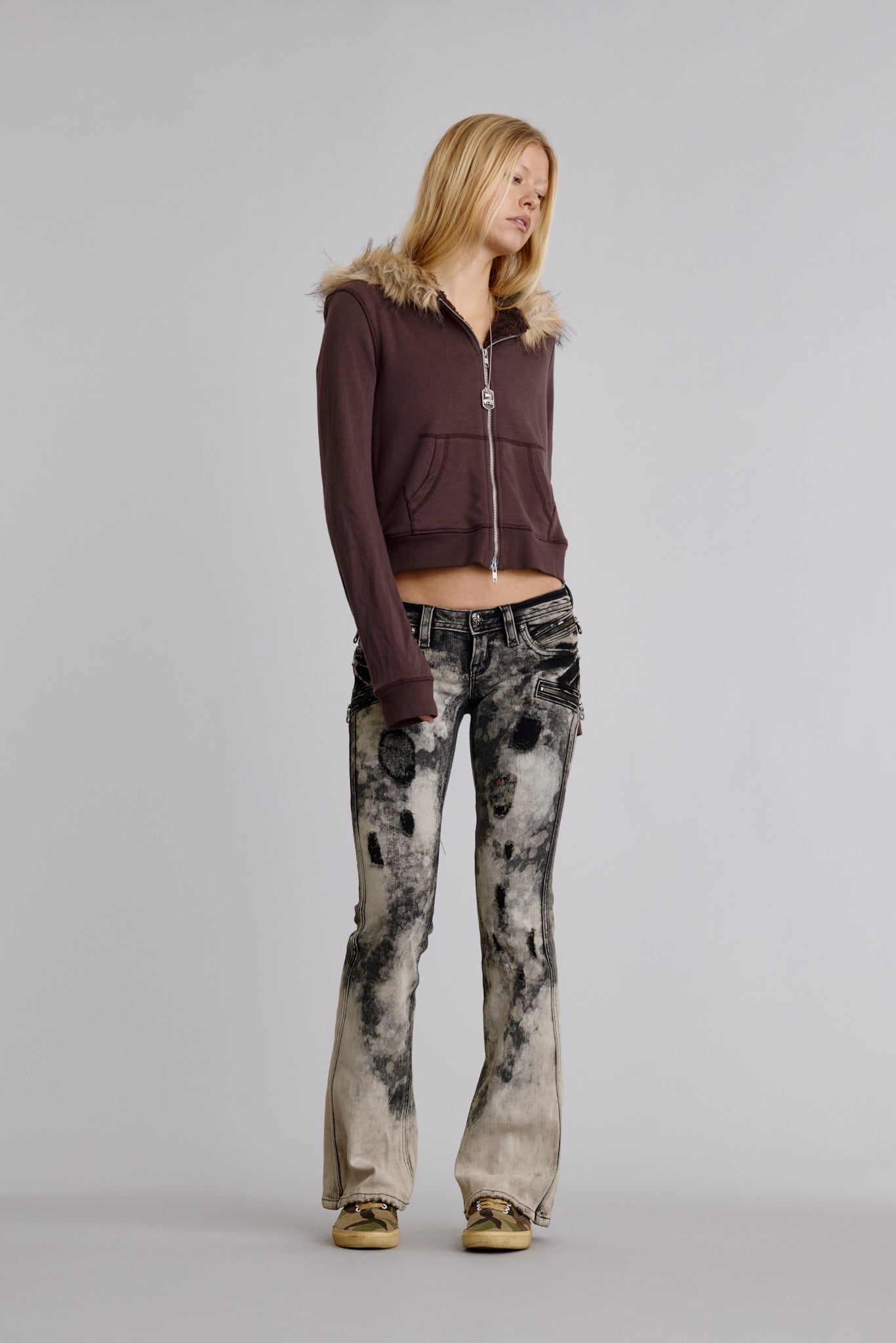 Kamil Super Low-Rise Moto Bootcut Jeans in Storm