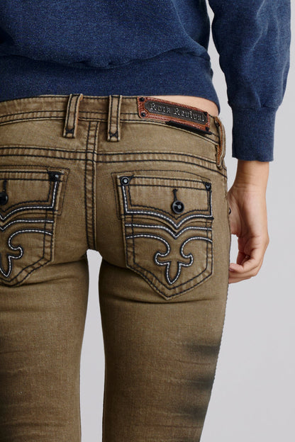Alivia Super Low-Rise Flare Leg Jeans in Olive
