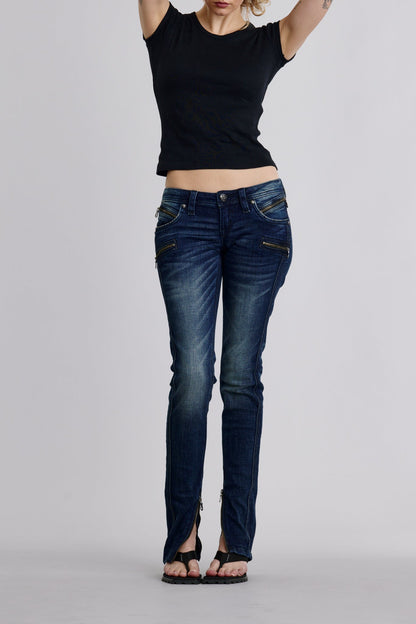 Camille Super Low-Rise Moto Skinny Jeans in Dark Blue