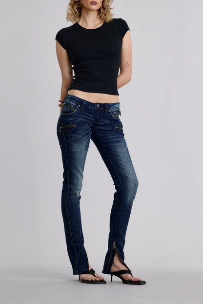 Camille Super Low-Rise Moto Skinny Jeans in Dark Blue