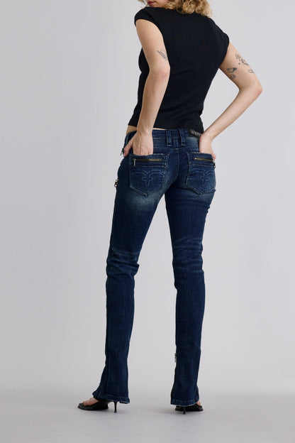 Camille Super Low-Rise Moto Skinny Jeans in Dark Blue