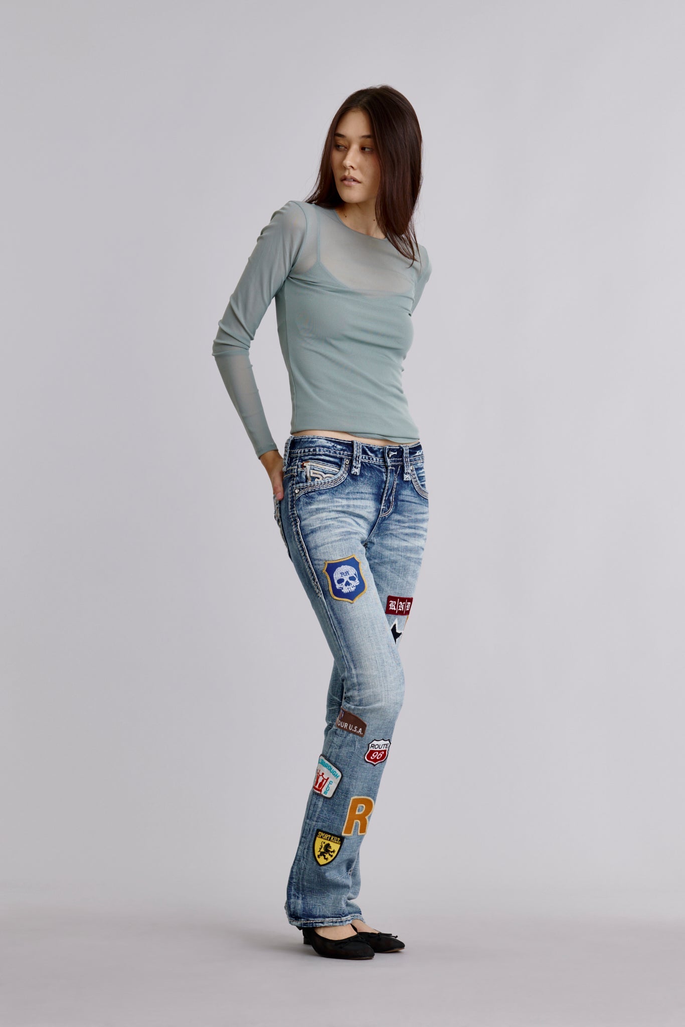 Asha Patched Bootcut Jeans In Blue