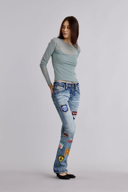 Asha Patched Bootcut Jeans In Blue