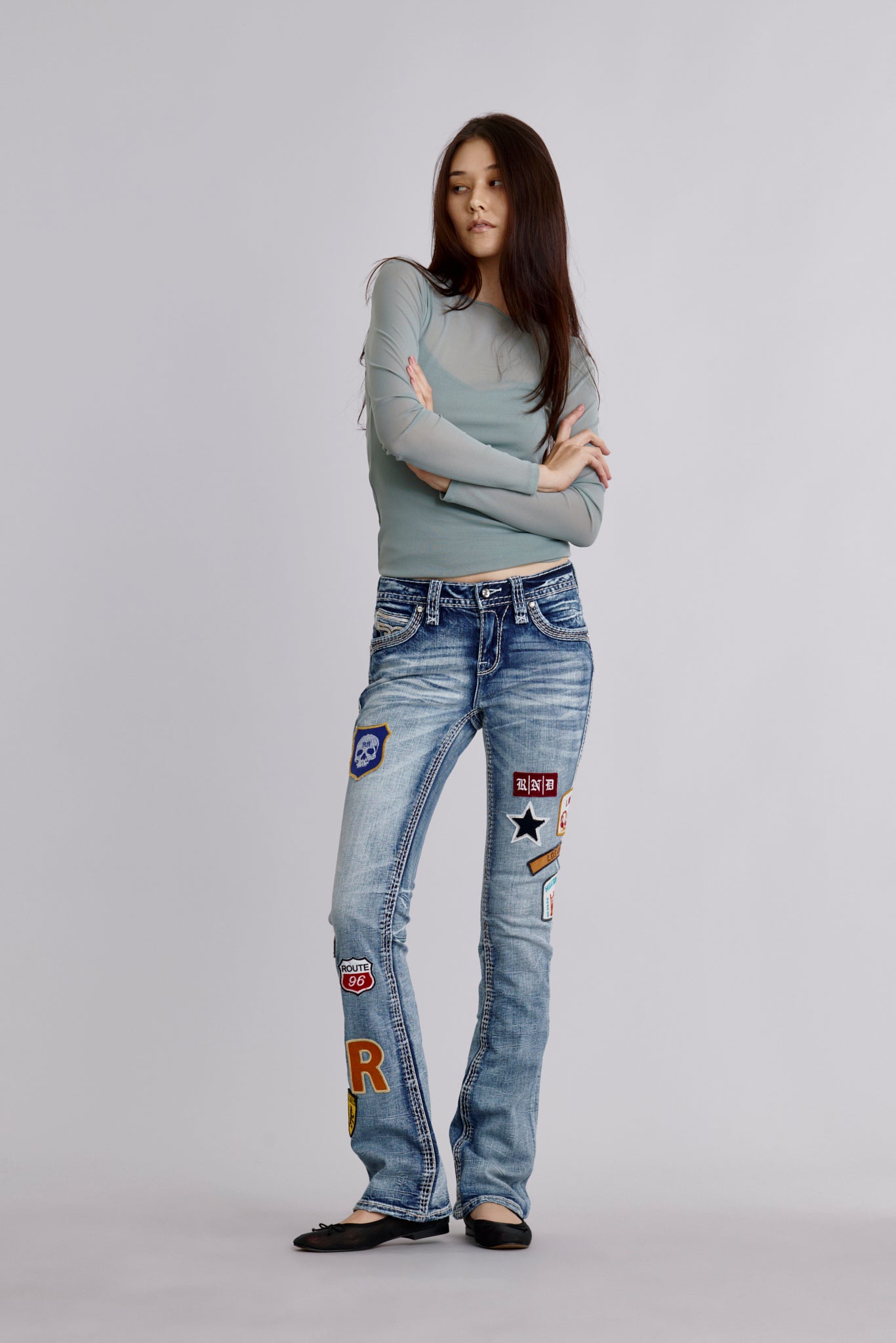 Asha Patched Bootcut Jeans In Blue